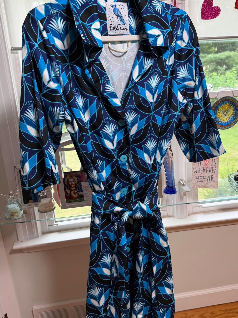 Lesley Evers  Blue Floral Button-Front Wrap Dress